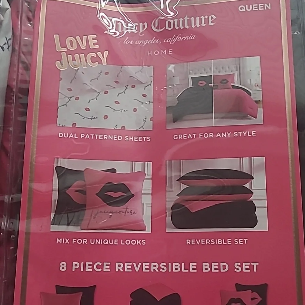 Juicy Couture Pink and Black Reversible Comforter Set - Queen